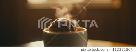 Delicious cup of ice cream sits on table in front of window, basking in natural light. For advertising, banner, relaxation, lifestyle, menu, food, dessert, culinary or cafe themed content. Copy space. Delicious cup of ice cream sits on table in front of window, basking in natural light. For advertising, banner, relaxation, lifestyle, menu, food, dessert, culinary or cafe themed content. Copy space. 112351864