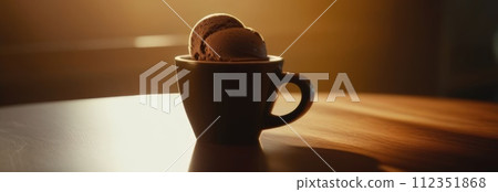 Delicious cup of ice cream sits on table in front of window, basking in natural light. For advertising, banner, relaxation, lifestyle, menu, food, dessert, culinary or cafe themed content. Copy space. 112351868