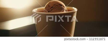 Delicious cup of ice cream sits on table in front of window, basking in natural light. For advertising, banner, relaxation, lifestyle, menu, food, dessert, culinary or cafe themed content. Copy space. 112351871