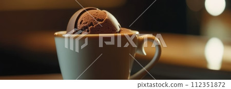 Combines elements of coffee cup, ice cream, chocolate creating visually appealing luxurious image against dark backdrop. For advertising, banner, menu, dessert, cafe themed content. Copy space. 112351872