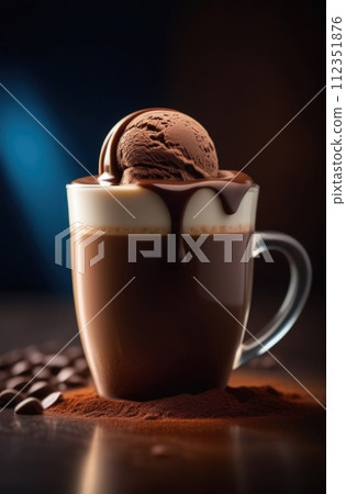 Delicious cup of ice cream sits on table in front of window, basking in natural light. For advertising, banner, relaxation, lifestyle, menu, food, dessert, culinary or cafe themed content. Copy space. Delicious cup of ice cream sits on table in front of window, basking in natural light. For advertising, banner, relaxation, lifestyle, menu, food, dessert, culinary or cafe themed content. Copy space. 112351876