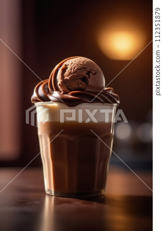 Combines elements of coffee cup, ice cream, chocolate creating visually appealing luxurious image against dark backdrop. For advertising, banner, menu, dessert, cafe themed content. Copy space. 112351879