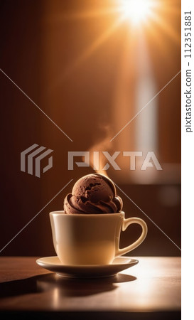 Delicious cup of ice cream sits on table in front of window, basking in natural light. For advertising, banner, relaxation, lifestyle, menu, food, dessert, culinary or cafe themed content. Copy space. Delicious cup of ice cream sits on table in front of window, basking in natural light. For advertising, banner, relaxation, lifestyle, menu, food, dessert, culinary or cafe themed content. Copy space. 112351881