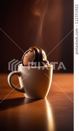 Cup of coffee topped with creamy ice cream and decadent chocolate, set against dark background. For advertising, banner, relaxation, lifestyle, menu, dessert, culinary, cafe themed content.Copy space. 112351922