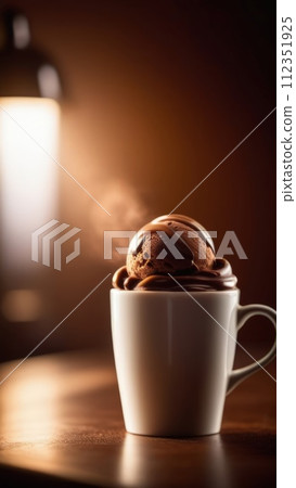 Delicious cup of ice cream sits on table in front of window, basking in natural light. For advertising, banner, relaxation, lifestyle, menu, food, dessert, culinary or cafe themed content. Copy space. Delicious cup of ice cream sits on table in front of window, basking in natural light. For advertising, banner, relaxation, lifestyle, menu, food, dessert, culinary or cafe themed content. Copy space. 112351925