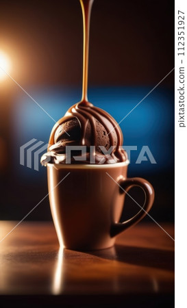 Luxurious and tempting process of pouring rich and creamy chocolate into cup with ice cream, coffee. For advertising, banner, relaxation, menu, dessert, culinary or cafe themed content. Copy space. Luxurious and tempting process of pouring rich and creamy chocolate into cup with ice cream, coffee. For advertising, banner, relaxation, menu, dessert, culinary or cafe themed content. Copy space. 112351927