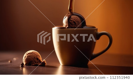 Luxurious and tempting process of pouring rich and creamy chocolate into cup with ice cream, coffee. For advertising, banner, relaxation, menu, dessert, culinary or cafe themed content. Copy space. 112351940