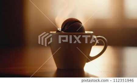 Delicious cup of ice cream sits on table in front of window, basking in natural light. For advertising, banner, relaxation, lifestyle, menu, food, dessert, culinary or cafe themed content. Copy space. 112351946