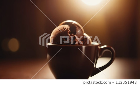 Cup of coffee topped with creamy ice cream and decadent chocolate, set against dark background. For advertising, banner, relaxation, lifestyle, menu, dessert, culinary, cafe themed content.Copy space. 112351948