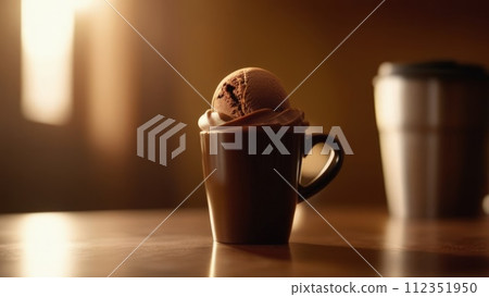 Delicious cup of ice cream sits on table in front of window, basking in natural light. For advertising, banner, relaxation, lifestyle, menu, food, dessert, culinary or cafe themed content. Copy space. 112351950