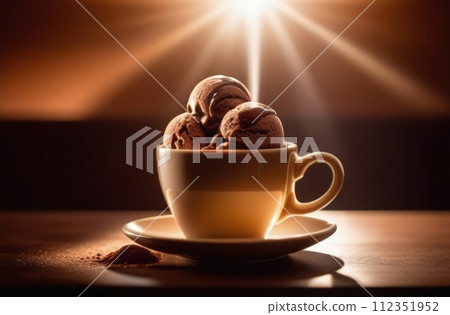 Delicious cup of ice cream sits on table in front of window, basking in natural light. For advertising, banner, relaxation, lifestyle, menu, food, dessert, culinary or cafe themed content. Copy space. Delicious cup of ice cream sits on table in front of window, basking in natural light. For advertising, banner, relaxation, lifestyle, menu, food, dessert, culinary or cafe themed content. Copy space. 112351952