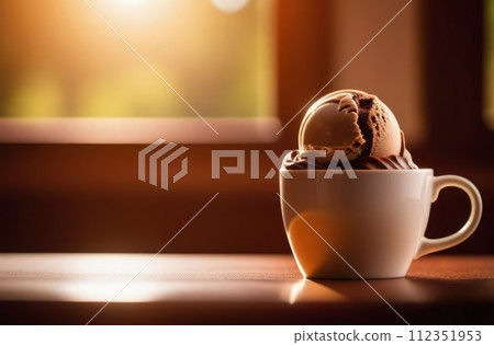 Creamy treat promises moment of sweet indulgence against backdrop of serene outdoor views. For advertising, banner, relaxation, lifestyle, menu, dessert, culinary or cafe themed content. Copy space. Creamy treat promises moment of sweet indulgence against backdrop of serene outdoor views. For advertising, banner, relaxation, lifestyle, menu, dessert, culinary or cafe themed content. Copy space. 112351953