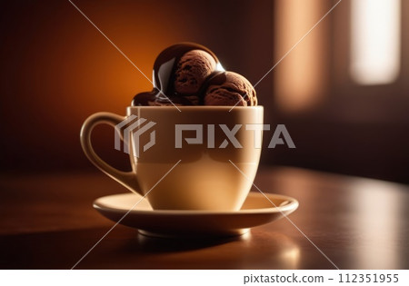 Delicious cup of ice cream sits on table in front of window, basking in natural light. For advertising, banner, relaxation, lifestyle, menu, food, dessert, culinary or cafe themed content. Copy space. 112351955