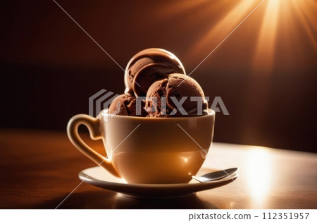 Combines elements of coffee cup, ice cream, chocolate creating visually appealing luxurious image against dark backdrop. For advertising, banner, menu, dessert, cafe themed content. Copy space. Combines elements of coffee cup, ice cream, chocolate creating visually appealing luxurious image against dark backdrop. For advertising, banner, menu, dessert, cafe themed content. Copy space. 112351957