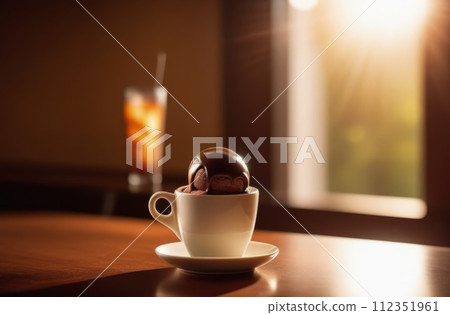 Creamy treat promises moment of sweet indulgence against backdrop of serene outdoor views. For advertising, banner, relaxation, lifestyle, menu, dessert, culinary or cafe themed content. Copy space. 112351961