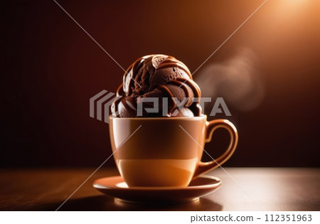 Cup of coffee topped with creamy ice cream and decadent chocolate, set against dark background. For advertising, banner, relaxation, lifestyle, menu, dessert, culinary, cafe themed content.Copy space. Cup of coffee topped with creamy ice cream and decadent chocolate, set against dark background. For advertising, banner, relaxation, lifestyle, menu, dessert, culinary, cafe themed content.Copy space. 112351963