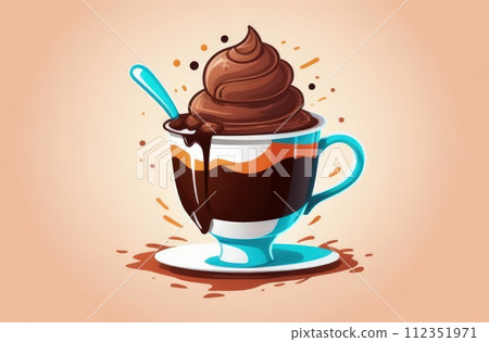 Delicious chocolate ice cream coffee dessert served in cup on pastel background, ready to be enjoyed. For advertising, banner, relaxation, menu, dessert, culinary or cafe themed content. Copy space. 112351971