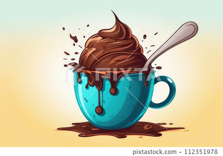 Tempting serving of chocolate ice cream in cup placed on pastel background, highlighting deliciousness of dessert. For advertising, banner, menu, dessert, culinary or cafe themed content. Copy space. 112351978