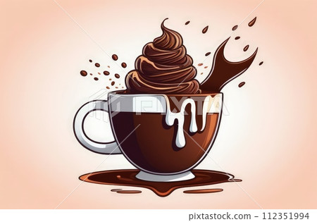 Tempting serving of chocolate ice cream in cup placed on pastel background, highlighting deliciousness of dessert. For advertising, banner, menu, dessert, culinary or cafe themed content. Copy space. 112351994