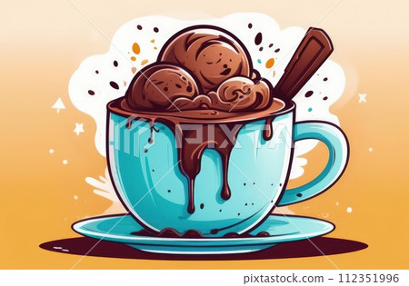 Delicious chocolate ice cream coffee dessert served in cup on pastel background, ready to be enjoyed. For advertising, banner, relaxation, menu, dessert, culinary or cafe themed content. Copy space. 112351996