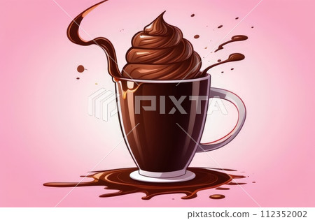 Delicious ice cream coffee dessert in cup, beautifully presented on vibrant pink background. For advertising, banner, relaxation, lifestyle, menu, dessert, culinary, cafe themed content. Copy space. Delicious ice cream coffee dessert in cup, beautifully presented on vibrant pink background. For advertising, banner, relaxation, lifestyle, menu, dessert, culinary, cafe themed content. Copy space. 112352002