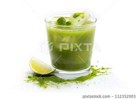 Iced Matcha Margarita cocktail in a glass with a slice of lime and matcha powder on side Iced Matcha Margarita cocktail in a glass with a slice of lime and matcha powder on side 112352003