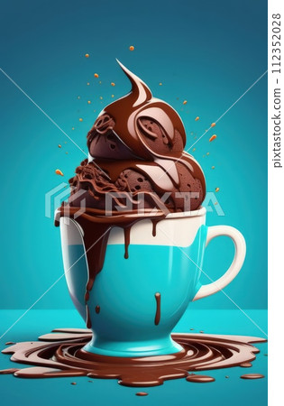 Delicious chocolate ice cream coffee dessert served in cup on pastel background, ready to be enjoyed. For advertising, banner, relaxation, menu, dessert, culinary or cafe themed content. Copy space. 112352028