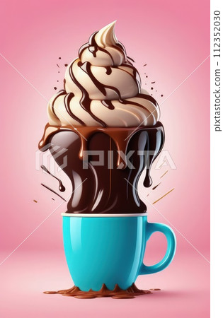 Delicious ice cream coffee dessert in cup, beautifully presented on vibrant pink background. For advertising, banner, relaxation, lifestyle, menu, dessert, culinary, cafe themed content. Copy space. 112352030
