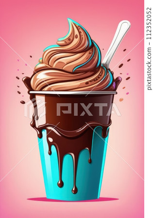 Delicious ice cream coffee dessert in cup, beautifully presented on vibrant pink background. For advertising, banner, relaxation, lifestyle, menu, dessert, culinary, cafe themed content. Copy space. 112352052