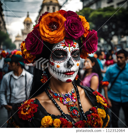 AI-generated content. An individual with their face painted in the style of La Catrina, Day of the Dead. AI-generated content. An individual with their face painted in the style of La Catrina, Day of the Dead. 112352064