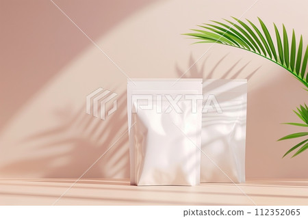 White doypack pouch on a pink background casting tropical palm shadows, summer aesthetic White doypack pouch on a pink background casting tropical palm shadows, summer aesthetic 112352065