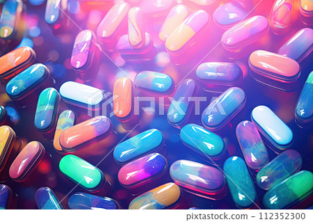 Background with pills and capsules in neon blue and purple colors. Medical drug or dietary supplement concept. Generated AI. 112352300