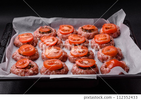 Delicious baked meat boats with mushrooms, cheese, salt and spices Delicious baked meat boats with mushrooms, cheese, salt and spices 112352433