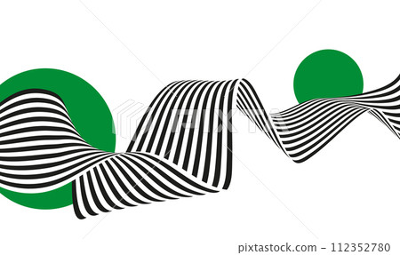 Striped black and white ribbon twisted with green circles on a white background 112352780