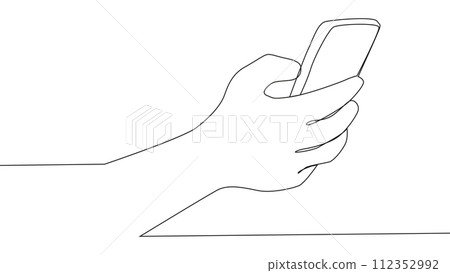 Self drawing animation of continuous one line hands holding smartphone. 112352992