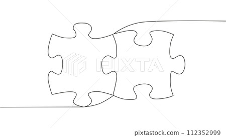 One line connecting puzzle pieces in one continuous line. Puzzle element. 112352999