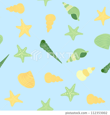 Seamless pattern with starfish, corals, pearls and seashells. Vector background with marine theme. Seamless pattern with starfish, corals, pearls and seashells. Vector background with marine theme. 112353002