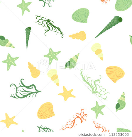 Seamless pattern with starfish, corals, pearls and seashells. Vector background with marine theme. Seamless pattern with starfish, corals, pearls and seashells. Vector background with marine theme. 112353003