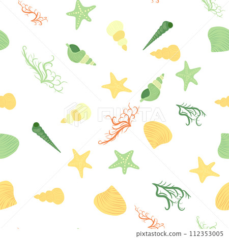 Seamless pattern with starfish, corals, pearls and seashells. Vector background with marine theme. Seamless pattern with starfish, corals, pearls and seashells. Vector background with marine theme. 112353005