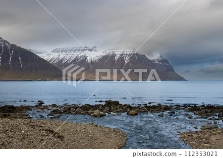 Atlantic ocean coast and mountains, Westfjords, Iceland 112353021