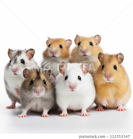Many fluffy cute multi-colored hamsters and mice nearby on white, rodents are favorite pets, background for advertising food and pet supplies 112353147