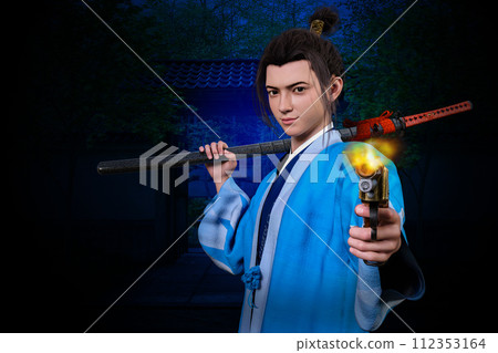 江戶時代末期身穿短外罩袴的武士，手持日本刀並射擊。 112353164