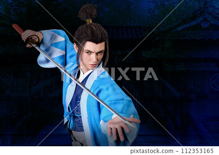 江戶末期穿著短外罩袴的武士，手持日本刀 112353165