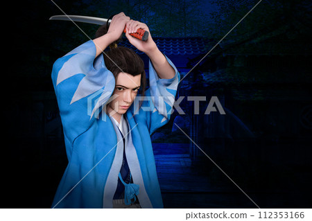 江戶末期穿著短外罩袴的武士，手持日本刀 112353166