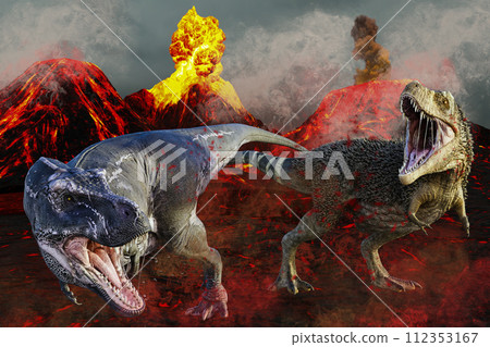 兩隻霸王龍因火山噴發而驚慌失措逃跑 兩隻霸王龍因火山噴發而驚慌失措逃跑 112353167