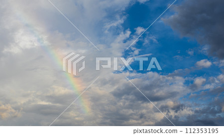 傍晚時分，藍天上出現了彩虹和許多雲彩 112353195