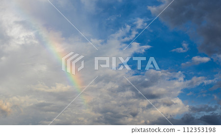 傍晚時分，藍天上出現了彩虹和許多雲彩 112353198