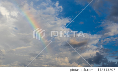 傍晚時分，藍天上出現了彩虹和許多雲彩 112353207