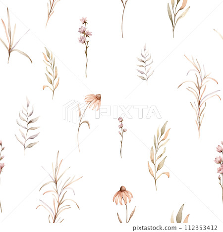 seamless pattern with watercolor botanical autumn illustration echinacea branches flowers. Autumn floral illustration. Fall vibes. Hand painted drawing isolated background. floral herds pastel color 112353412