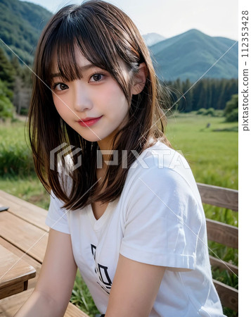 “AI generated image” of a woman with long hair enjoying camping in the mountains 112353428